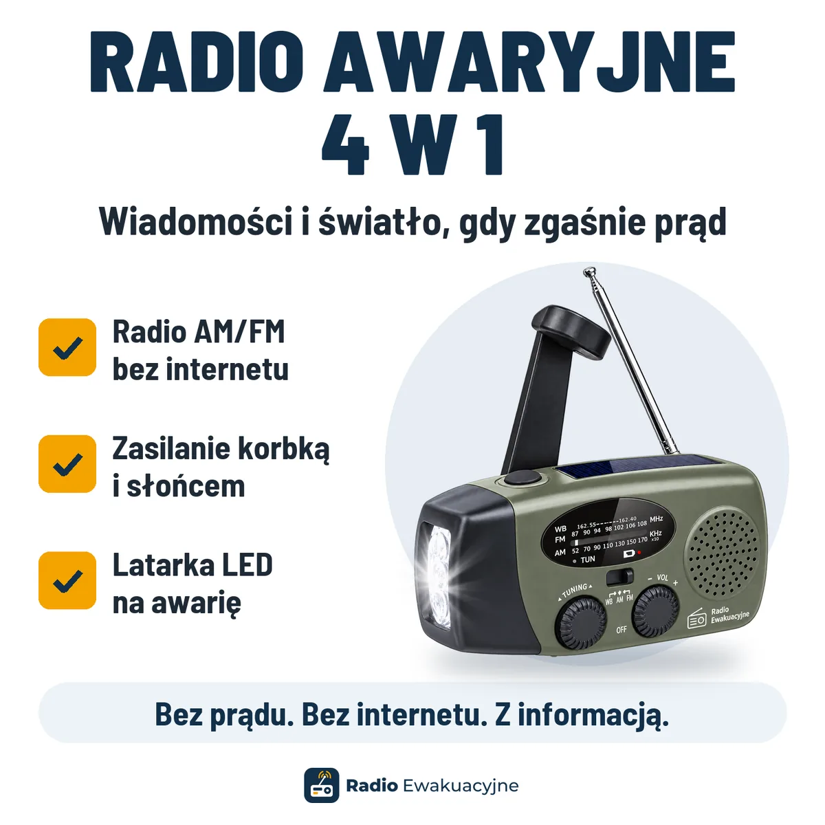Radio awaryjne 4 w 1 – korbka, panel słoneczny, latarka, AM/FM